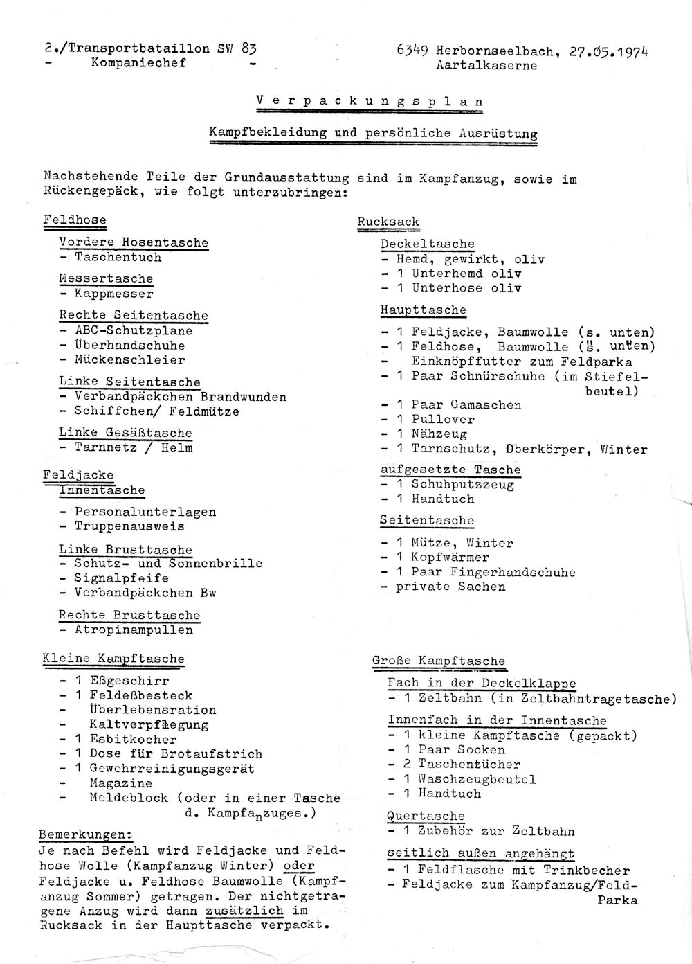 Verpackungsplan der 2./TrspBtlSw 83 aus dem Jahr 1974, Seite 1.