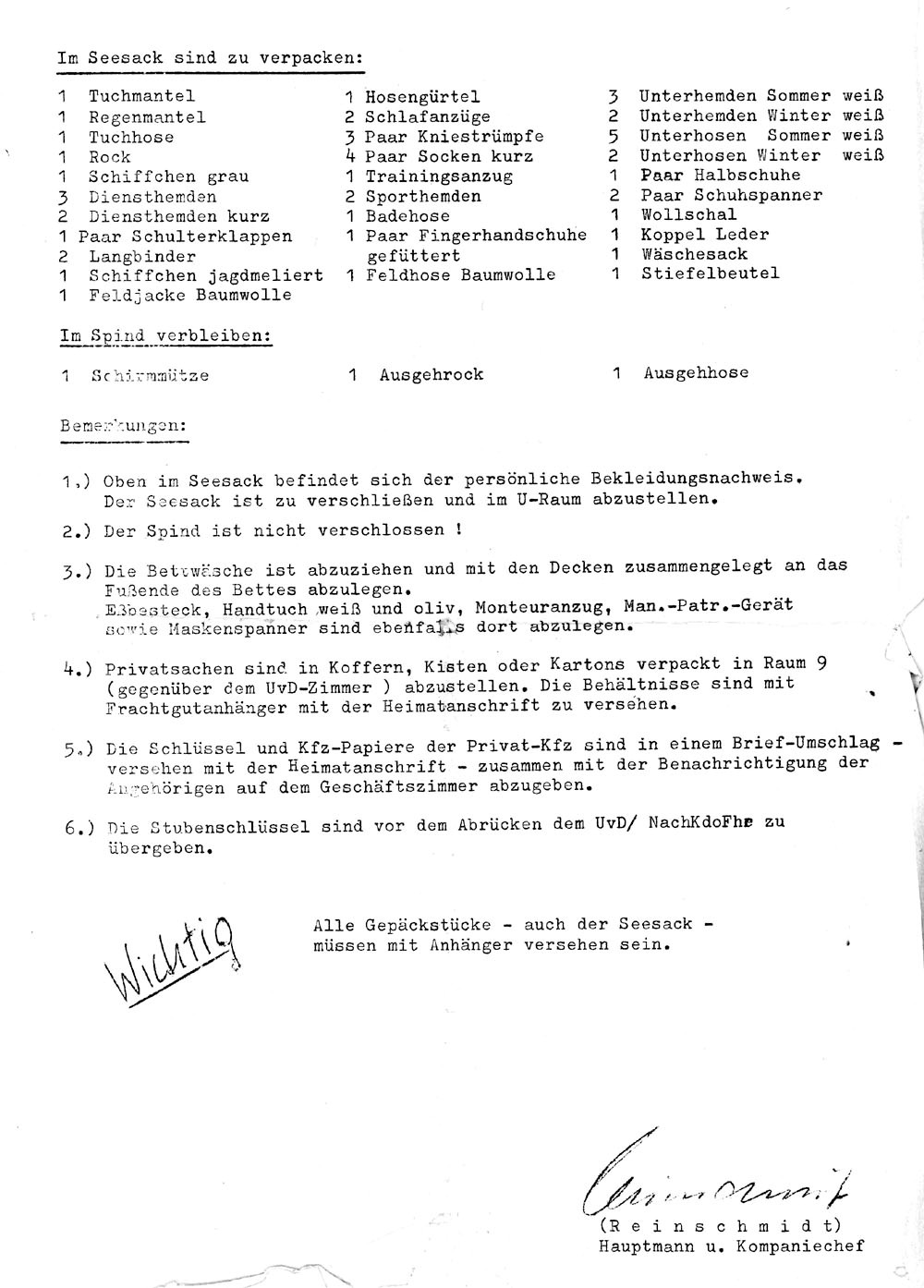 Verpackungsplan Seite 2, unterschrieben von Hptm Reinschmitt, KpChef der 2. Kp.